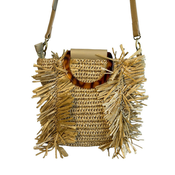 Sondra Roberts Boho Beach Fringe Squared Natural Straw Raffia Weave Bag Purse - Picture 2 of 15